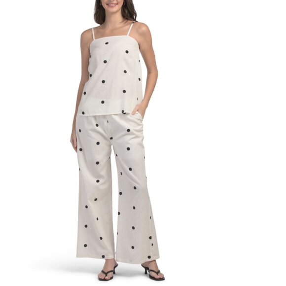 US TOGETHER Ivory/Black Relaxed Polka Dot Top And Pants Set - Picture 1 of 2